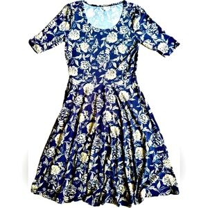 Nicole Blue and White Fit and Flare Dress with Cuffed Sleeves